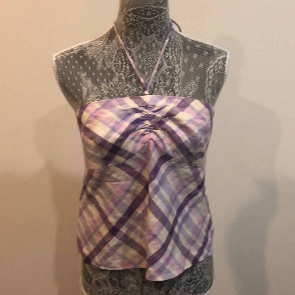 New Ann Taylor Loft Linen Halter Top Purple Plaid Check Print Size 8